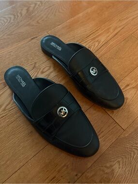 Michael Kors Black Leather Slip-On Mule Loafers with MK Medallion